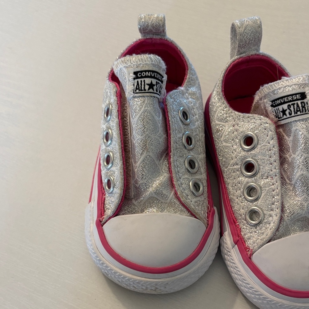 Converse Kids Silver Glitter Slip-On Sneakers with Pink Trim